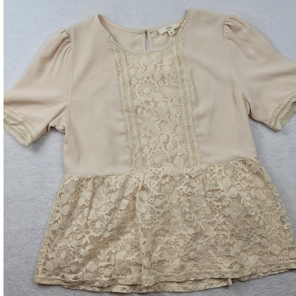 Entro Women Cream Beige Lace Peplum Blouse Short Sleeve Boho Top T12927 Size L